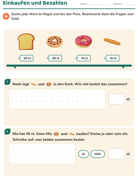 Vorschau: Rechnen mit Geld-Arbeitsblatt mit Bäckerei für 2. Klasse