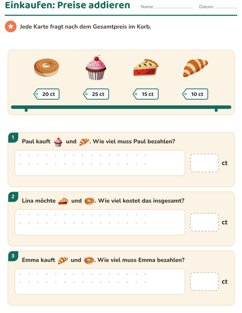 Vorschau: Rechnen mit Geld-Arbeitsblatt mit Bäckerei für 2. Klasse