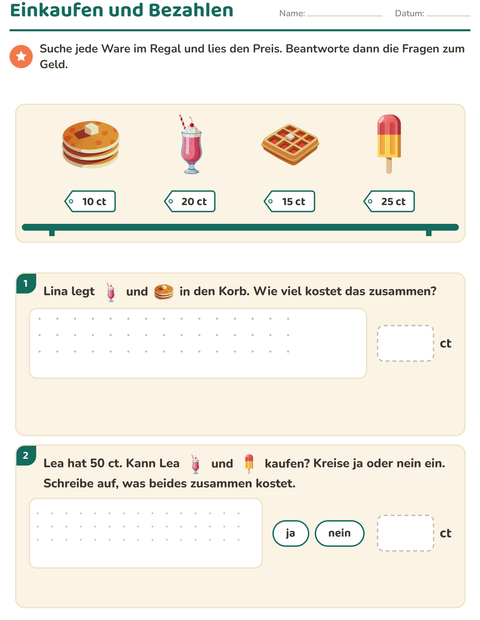 Vorschau: Rechnen mit Geld-Arbeitsblatt mit Desserts und Süßigkeiten für 2. Klasse