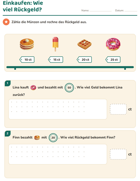 Vorschau: Rechnen mit Geld-Arbeitsblatt mit Desserts und Süßigkeiten für 2. Klasse