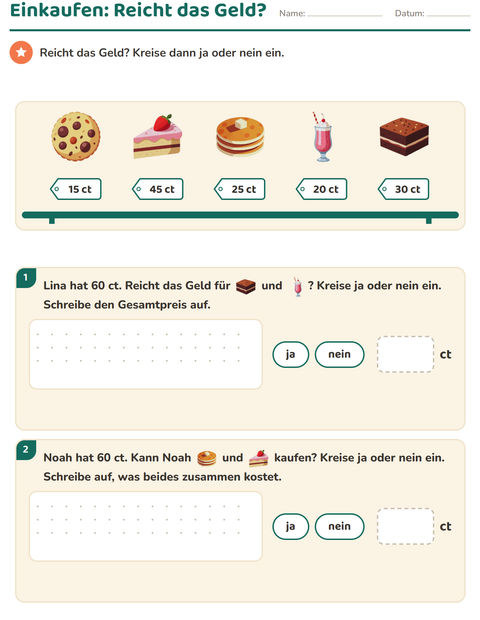 Vorschau: Rechnen mit Geld-Arbeitsblatt mit Desserts und Süßigkeiten für 2. Klasse