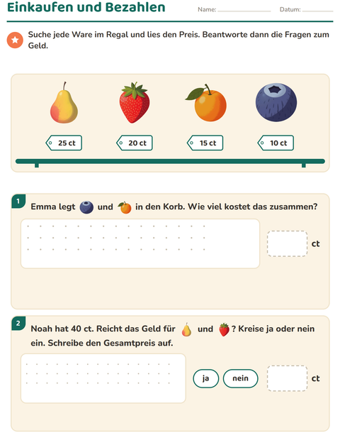 Vorschau: Rechnen mit Geld-Arbeitsblatt mit Früchte für 2. Klasse