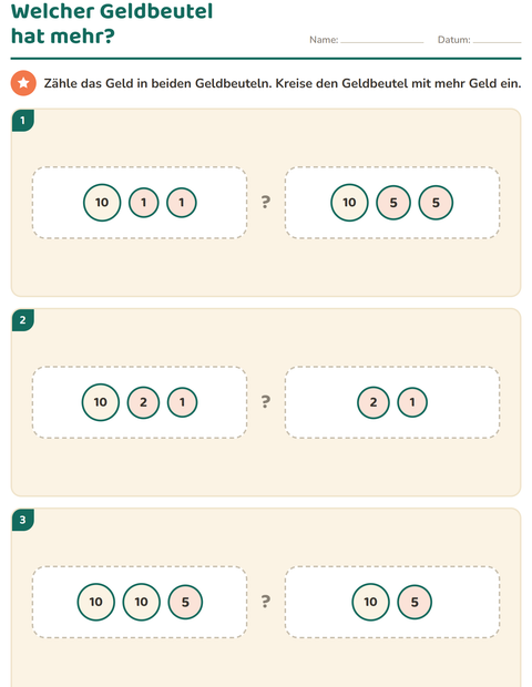 Vorschau: Rechnen mit Geld-Arbeitsblatt für 1. Klasse