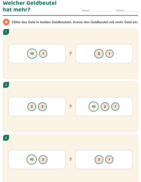 Vorschau: Rechnen mit Geld-Arbeitsblatt für 1. Klasse