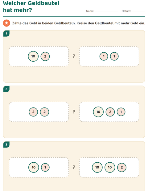 Vorschau: Rechnen mit Geld-Arbeitsblatt für 1. Klasse