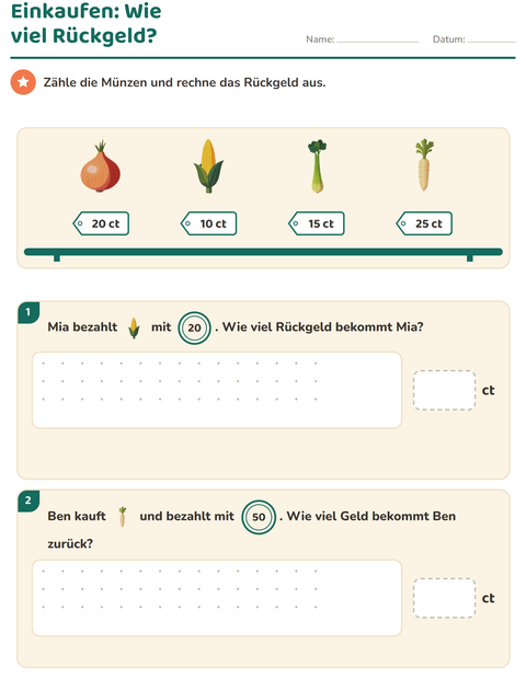 Vorschau: Rechnen mit Geld-Arbeitsblatt mit Gemüse für 2. Klasse