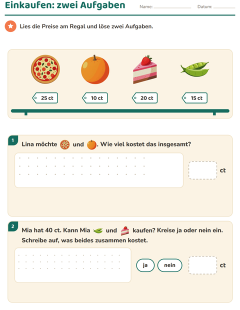 Vorschau: Rechnen mit Geld-Arbeitsblatt mit Im Supermarkt für 2. Klasse