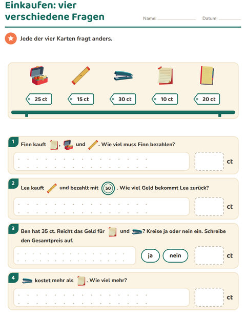Vorschau: Rechnen mit Geld-Arbeitsblatt mit Klassenzimmer für 2. Klasse