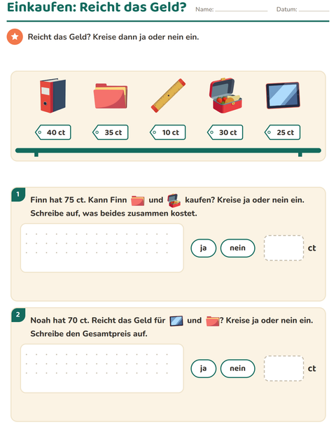 Vorschau: Rechnen mit Geld-Arbeitsblatt mit Klassenzimmer für 2. Klasse