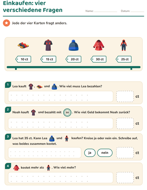 Vorschau: Rechnen mit Geld-Arbeitsblatt mit Kleidung für 2. Klasse