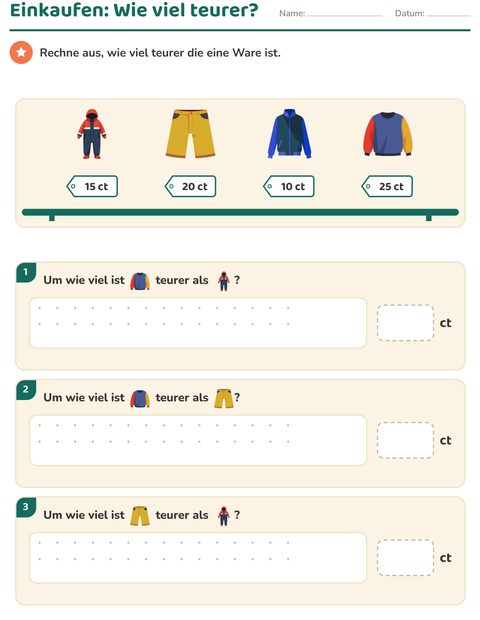 Vorschau: Rechnen mit Geld-Arbeitsblatt mit Kleidung für 2. Klasse