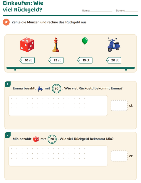 Vorschau: Rechnen mit Geld-Arbeitsblatt mit Spielzeug für 2. Klasse
