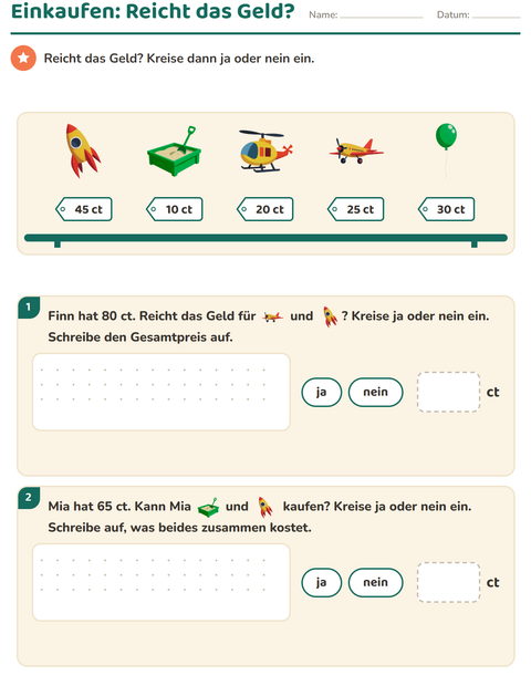 Vorschau: Rechnen mit Geld-Arbeitsblatt mit Spielzeug für 2. Klasse