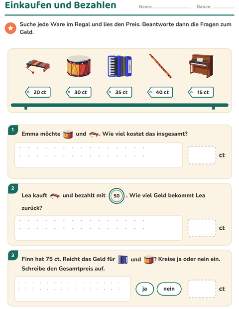 Vorschau: Rechnen mit Geld-Arbeitsblatt mit Musik für 2. Klasse