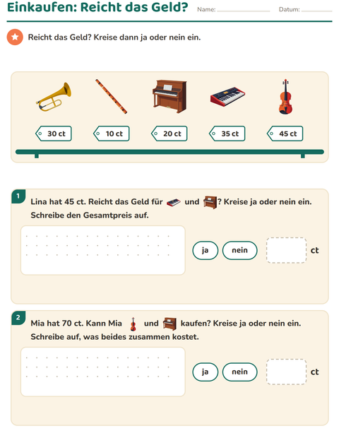 Vorschau: Rechnen mit Geld-Arbeitsblatt mit Musik für 2. Klasse