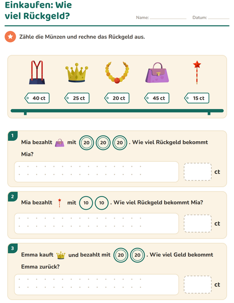 Vorschau: Rechnen mit Geld-Arbeitsblatt mit Accessoires für 2. Klasse