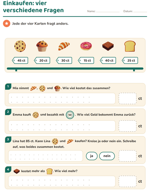 Vorschau: Rechnen mit Geld-Arbeitsblatt mit Bäckerei für 2. Klasse
