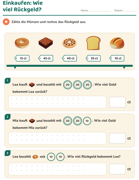 Vorschau: Rechnen mit Geld-Arbeitsblatt mit Bäckerei für 2. Klasse