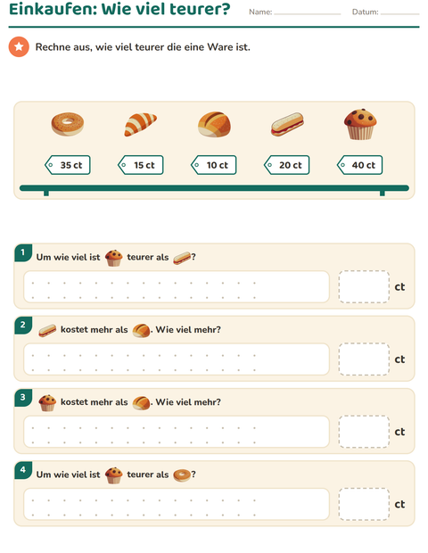 Vorschau: Rechnen mit Geld-Arbeitsblatt mit Bäckerei für 2. Klasse