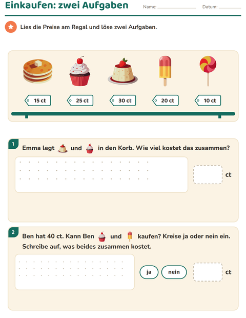 Vorschau: Rechnen mit Geld-Arbeitsblatt mit Desserts und Süßigkeiten für 2. Klasse