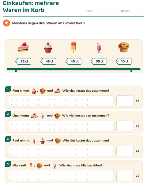 Vorschau: Rechnen mit Geld-Arbeitsblatt mit Desserts und Süßigkeiten für 2. Klasse