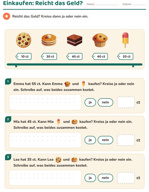 Vorschau: Rechnen mit Geld-Arbeitsblatt mit Desserts und Süßigkeiten für 2. Klasse