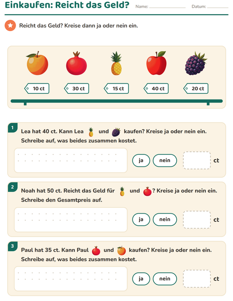 Vorschau: Rechnen mit Geld-Arbeitsblatt mit Früchte für 2. Klasse