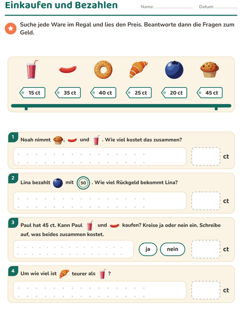 Vorschau: Rechnen mit Geld-Arbeitsblatt mit Frühstück für 2. Klasse