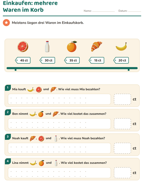 Vorschau: Rechnen mit Geld-Arbeitsblatt mit Frühstück für 2. Klasse