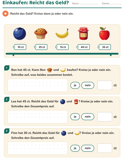 Vorschau: Rechnen mit Geld-Arbeitsblatt mit Frühstück für 2. Klasse