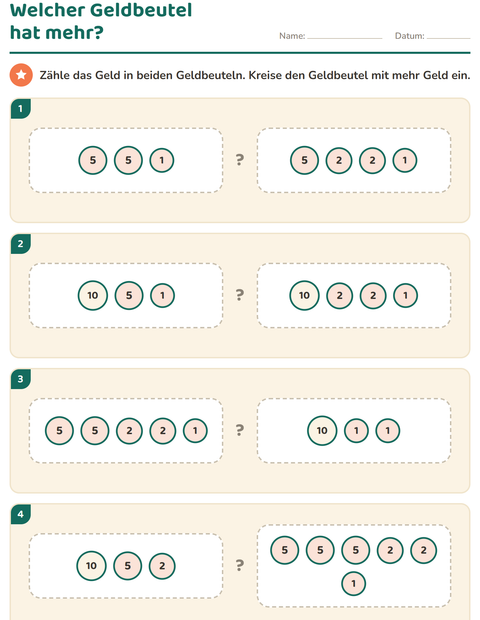 Vorschau: Rechnen mit Geld-Arbeitsblatt für 1. Klasse