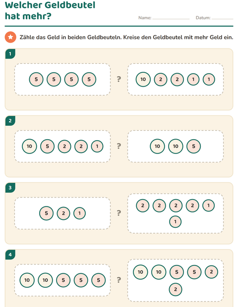 Vorschau: Rechnen mit Geld-Arbeitsblatt für 1. Klasse