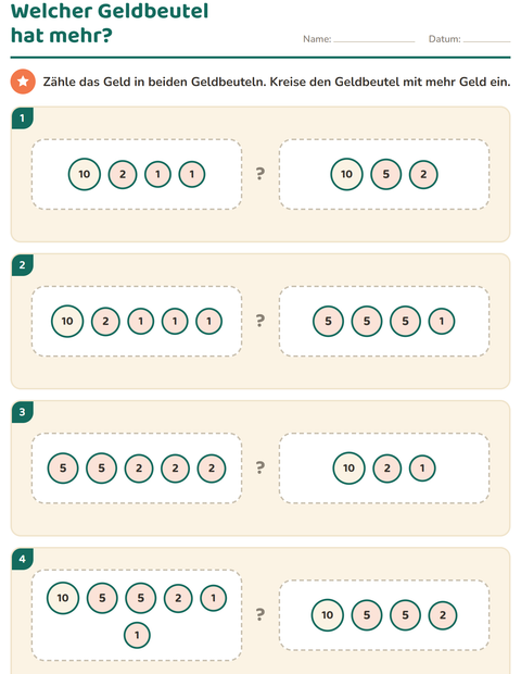 Vorschau: Rechnen mit Geld-Arbeitsblatt für 1. Klasse
