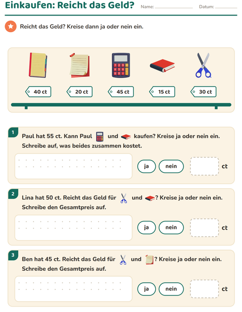 Vorschau: Rechnen mit Geld-Arbeitsblatt mit Klassenzimmer für 2. Klasse