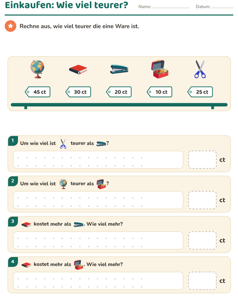 Vorschau: Rechnen mit Geld-Arbeitsblatt mit Klassenzimmer für 2. Klasse