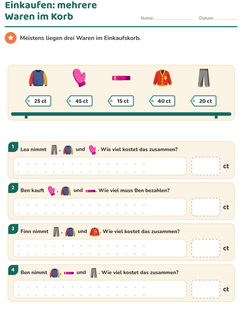 Vorschau: Rechnen mit Geld-Arbeitsblatt mit Kleidung für 2. Klasse