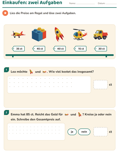 Vorschau: Rechnen mit Geld-Arbeitsblatt mit Spielzeug für 2. Klasse