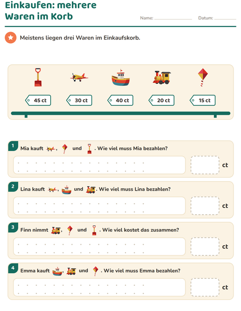 Vorschau: Rechnen mit Geld-Arbeitsblatt mit Spielzeug für 2. Klasse