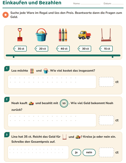 Vorschau: Rechnen mit Geld-Arbeitsblatt mit Spielzeug für 2. Klasse