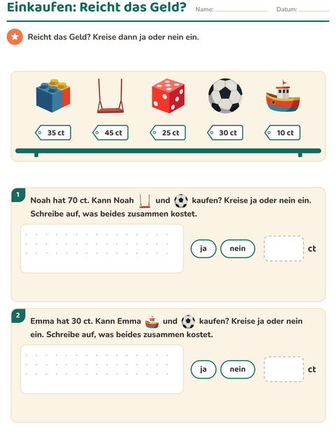 Vorschau: Rechnen mit Geld-Arbeitsblatt mit Spielzeug für 2. Klasse