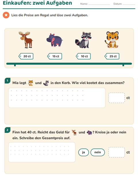 Einkaufen mit zwei Aufgaben – Gesamtpreis und reicht das Geld?