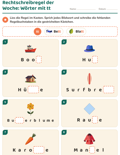 Rechtschreibregel der Woche: die Regelbuchstaben unter jedem Bild ergänzen