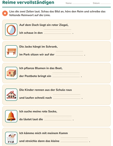 Vorschau: Reimwörter-Arbeitsblatt für 1. Klasse