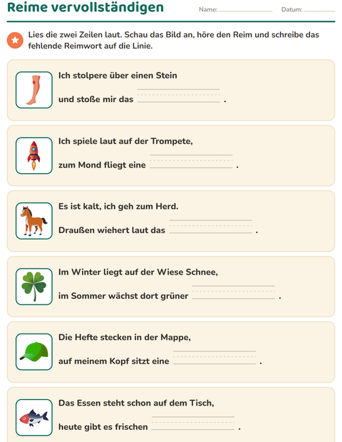 Vorschau: Reimwörter-Arbeitsblatt für 1. Klasse