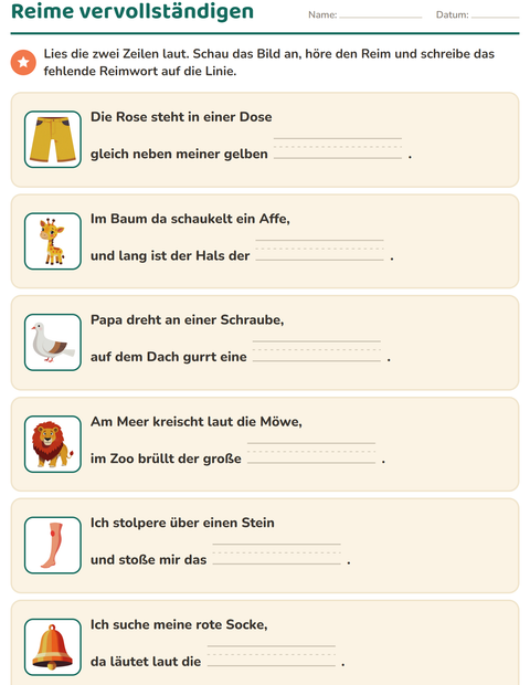 Vorschau: Reimwörter-Arbeitsblatt für 1. Klasse