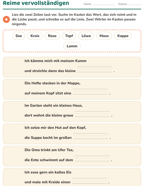 Vorschau: Reimwörter-Arbeitsblatt für 1. Klasse