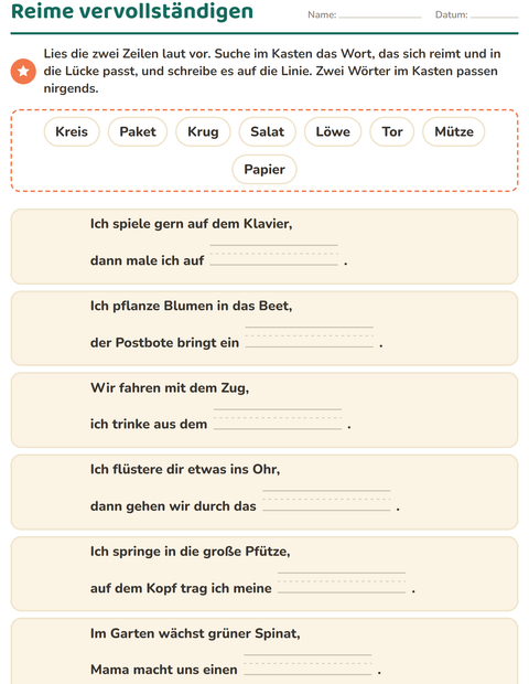 Vorschau: Reimwörter-Arbeitsblatt für 1. Klasse