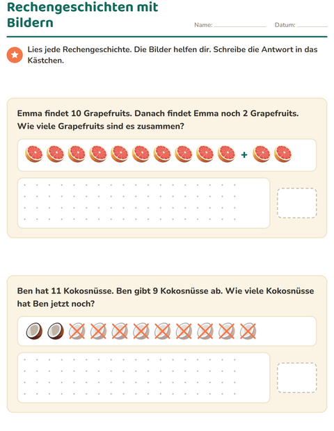 Rechengeschichten mit Bildern – erste Sachaufgaben