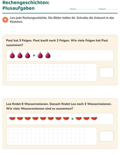 Rechengeschichten mit Plusaufgaben – dazukommen und zusammenzählen