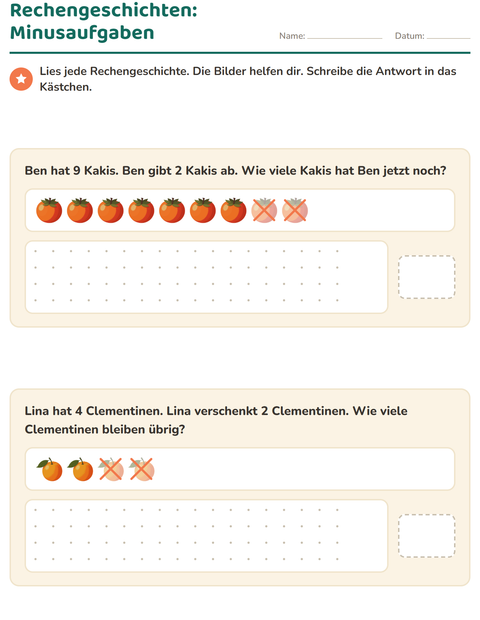 Rechengeschichten mit Minusaufgaben – wegnehmen und übrig bleiben